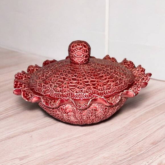 Vintage Dark Pink Bowl with Lid McNees M-1228 Mold Crochet textured Ceramic READ - Picture 1 of 8